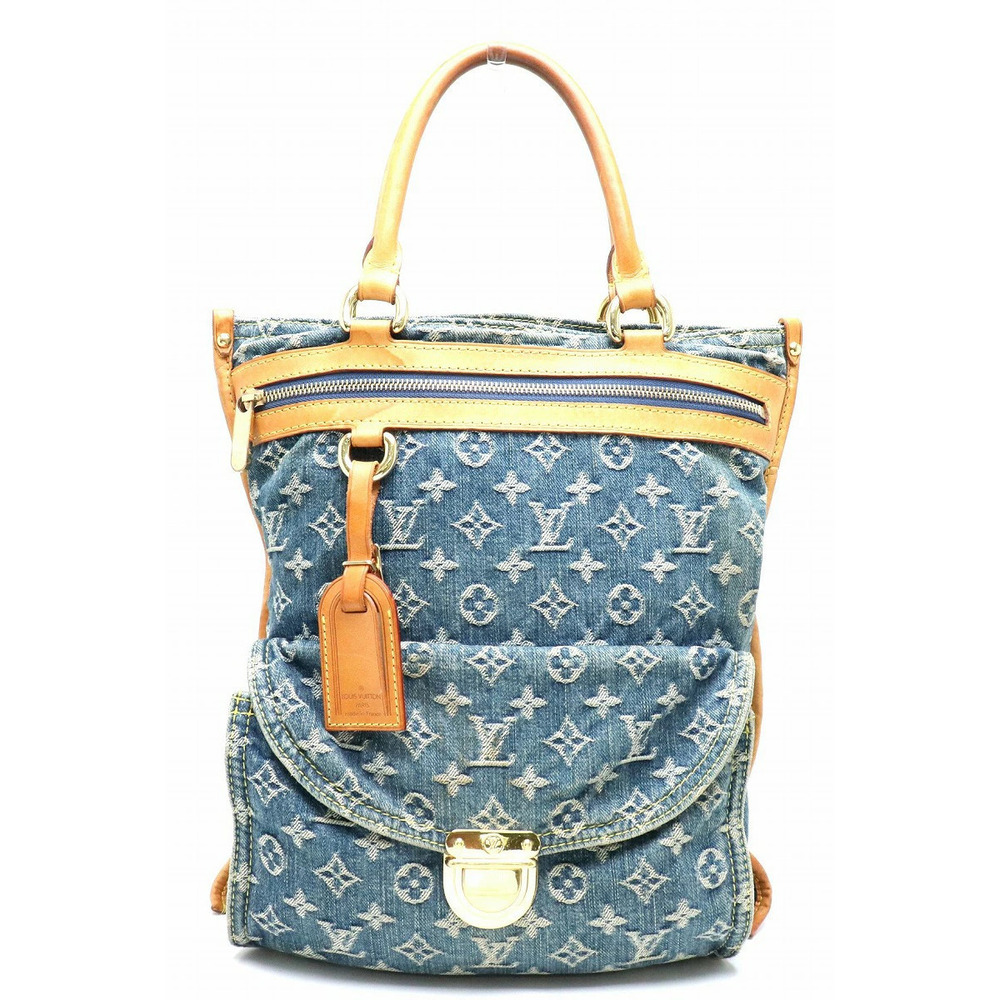 Louis Vuitton Monogram Denim Flat Shopper Tote Bag Handbag Gusset Blue s